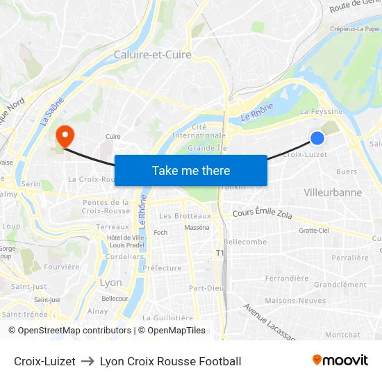 Croix-Luizet to Lyon Croix Rousse Football map