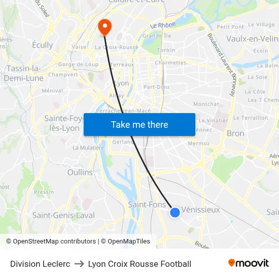 Division Leclerc to Lyon Croix Rousse Football map