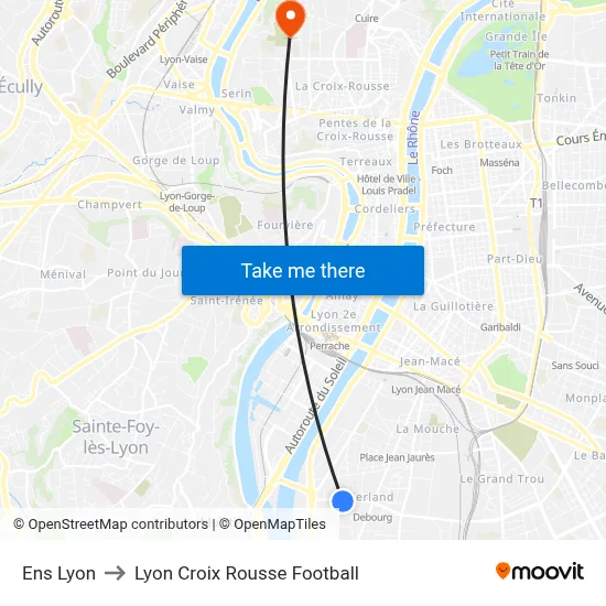 Ens Lyon to Lyon Croix Rousse Football map