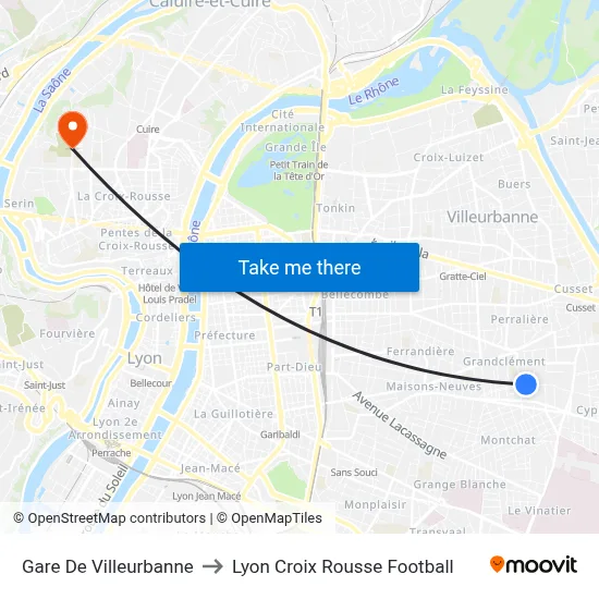 Gare De Villeurbanne to Lyon Croix Rousse Football map