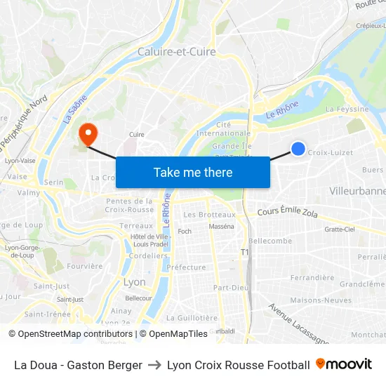 La Doua - Gaston Berger to Lyon Croix Rousse Football map