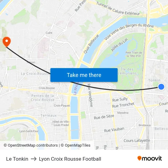 Le Tonkin to Lyon Croix Rousse Football map