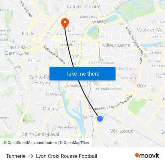 Tannerie to Lyon Croix Rousse Football map