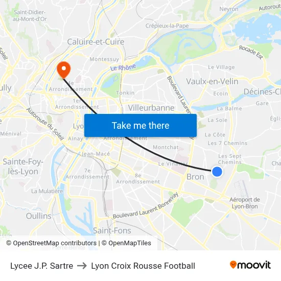 Lycee J.P. Sartre to Lyon Croix Rousse Football map