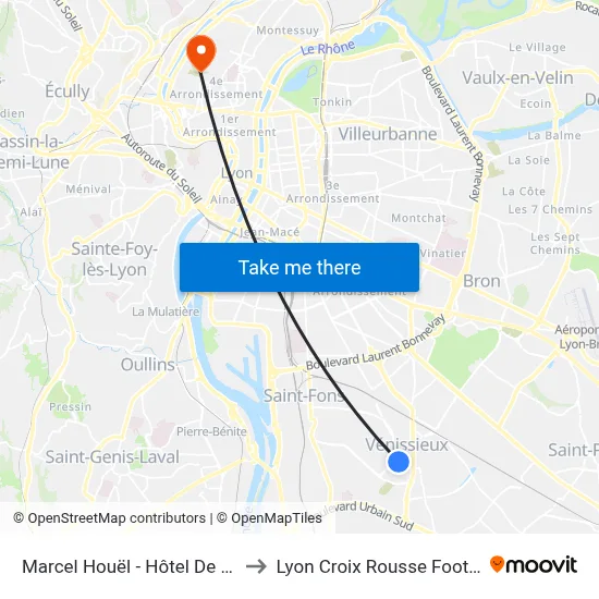 Marcel Houël - Hôtel De Ville to Lyon Croix Rousse Football map