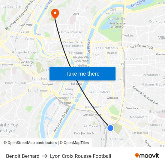 Benoit Bernard to Lyon Croix Rousse Football map