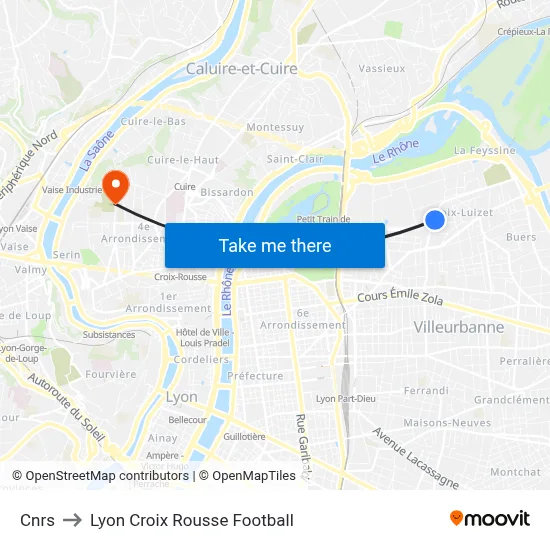 Cnrs to Lyon Croix Rousse Football map