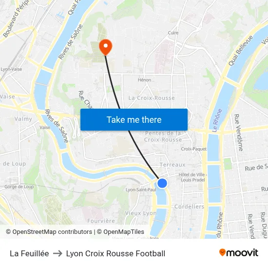 La Feuillée to Lyon Croix Rousse Football map