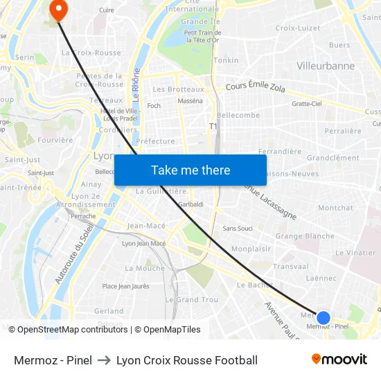 Mermoz - Pinel to Lyon Croix Rousse Football map