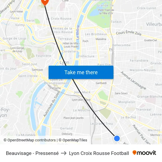 Beauvisage - Pressensé to Lyon Croix Rousse Football map