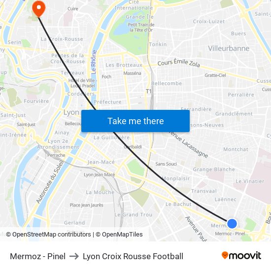 Mermoz - Pinel to Lyon Croix Rousse Football map