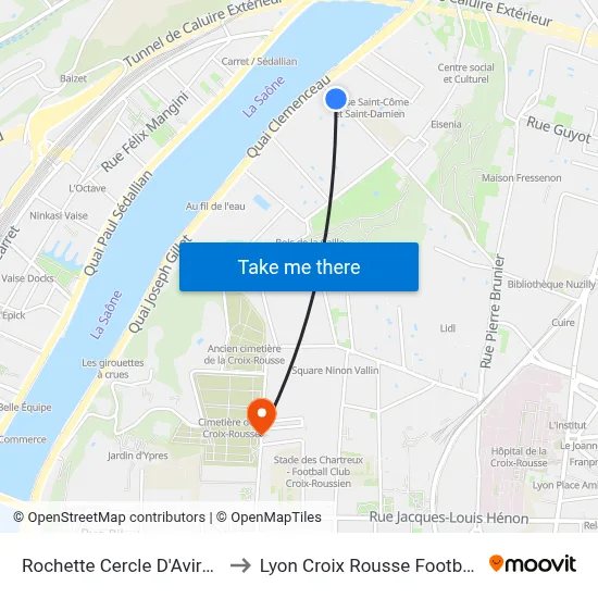 Rochette Cercle D'Aviron to Lyon Croix Rousse Football map