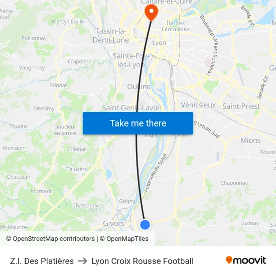 Z.I. Des Platières to Lyon Croix Rousse Football map