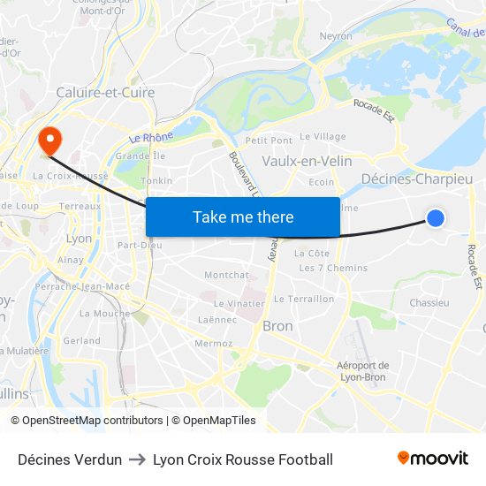 Décines Verdun to Lyon Croix Rousse Football map