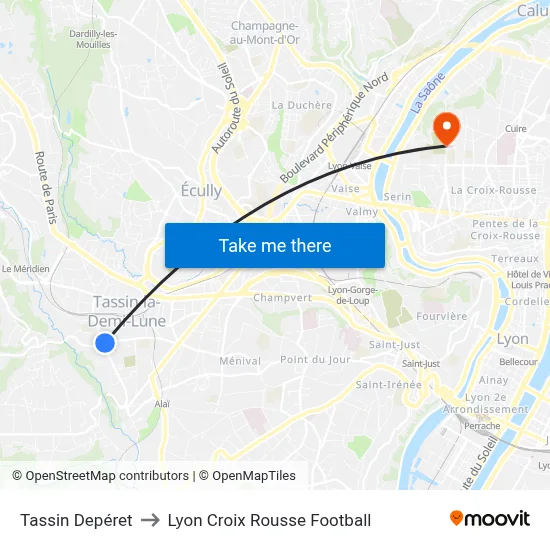 Tassin Depéret to Lyon Croix Rousse Football map