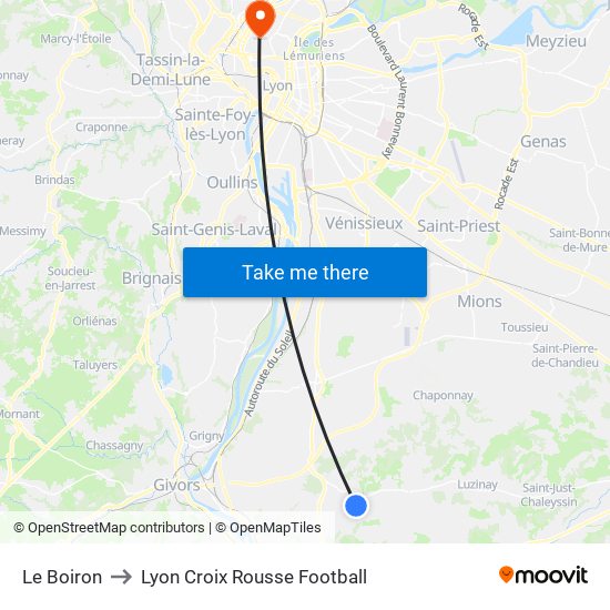 Le Boiron to Lyon Croix Rousse Football map