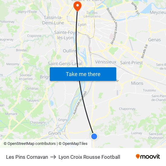 Les Pins Cornavan to Lyon Croix Rousse Football map