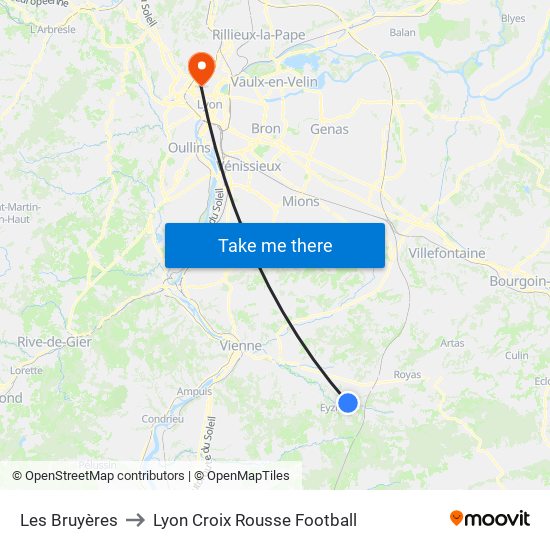 Les Bruyères to Lyon Croix Rousse Football map