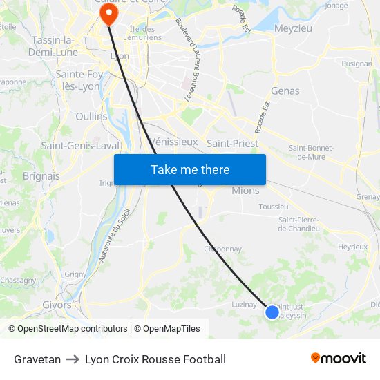 Gravetan to Lyon Croix Rousse Football map