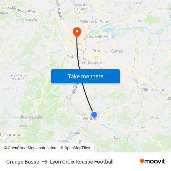 Grange Basse to Lyon Croix Rousse Football map