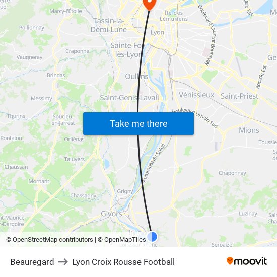 Beauregard to Lyon Croix Rousse Football map