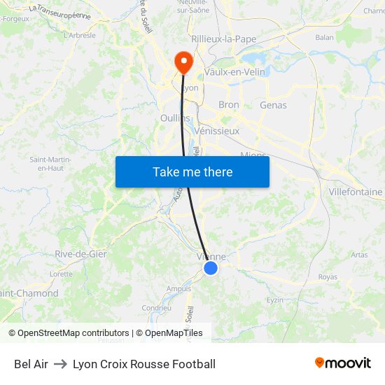 Bel Air to Lyon Croix Rousse Football map