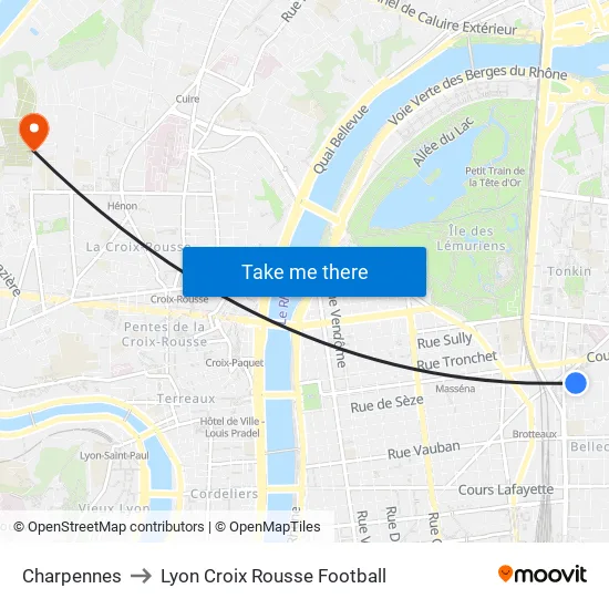Charpennes Charles Hernu to Lyon Croix Rousse Football map