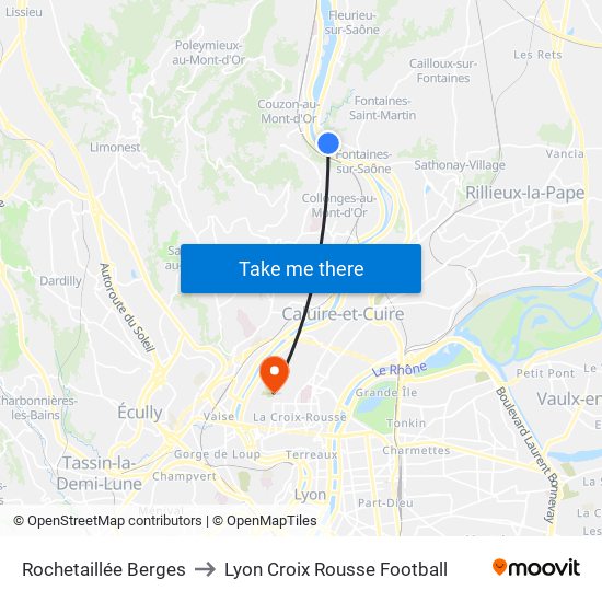 Rochetaillée Berges to Lyon Croix Rousse Football map