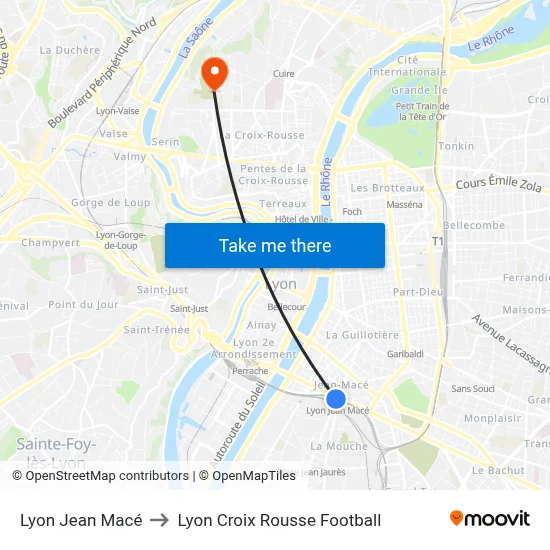 Lyon Jean Macé to Lyon Croix Rousse Football map