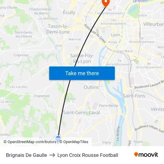 Brignais De Gaulle to Lyon Croix Rousse Football map