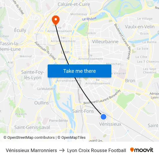 Vénissieux Marronniers to Lyon Croix Rousse Football map