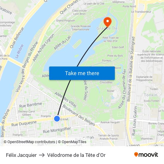 Félix Jacquier to Vélodrome de la Tête d'Or map