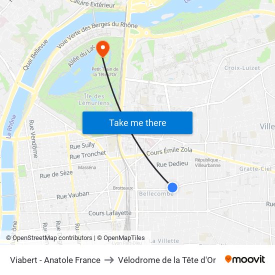 Viabert - Anatole France to Vélodrome de la Tête d'Or map