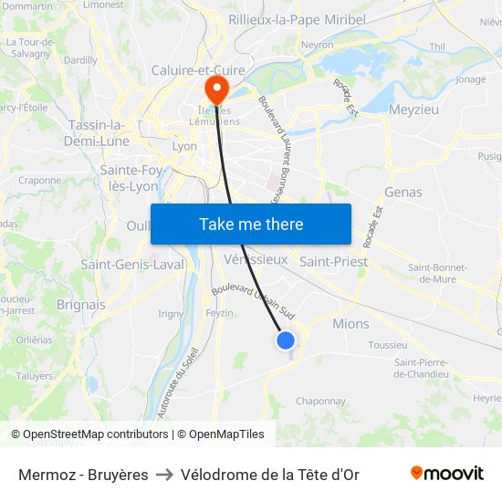 Mermoz - Bruyères to Vélodrome de la Tête d'Or map