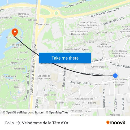 Colin to Vélodrome de la Tête d'Or map