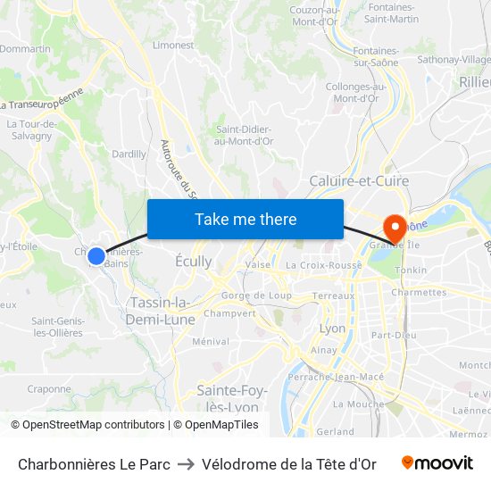 Charbonnières Le Parc to Vélodrome de la Tête d'Or map