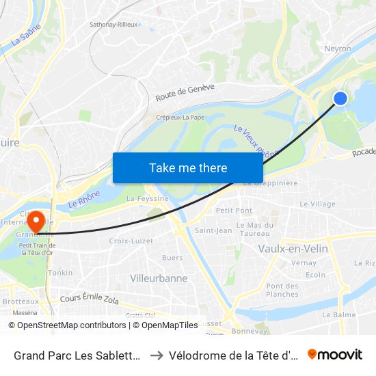 Grand Parc Les Sablettes to Vélodrome de la Tête d'Or map