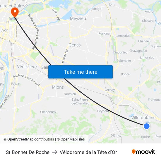 St Bonnet De Roche to Vélodrome de la Tête d'Or map