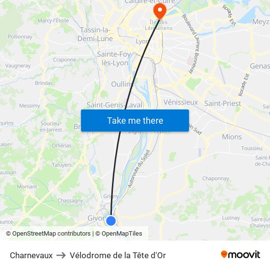 Charnevaux to Vélodrome de la Tête d'Or map