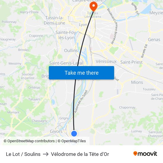 Le Lot / Soulins to Vélodrome de la Tête d'Or map