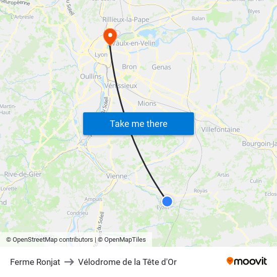 Ferme Ronjat to Vélodrome de la Tête d'Or map