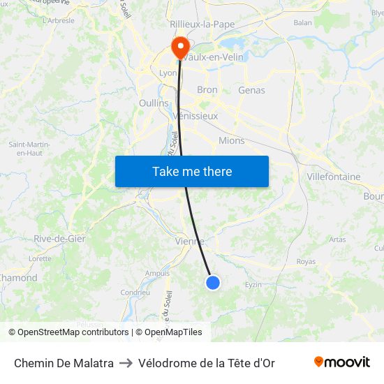 Chemin De Malatra to Vélodrome de la Tête d'Or map