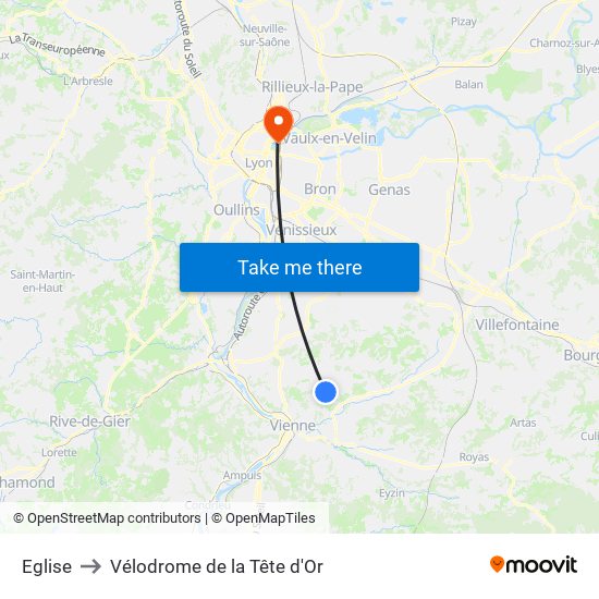 Eglise to Vélodrome de la Tête d'Or map
