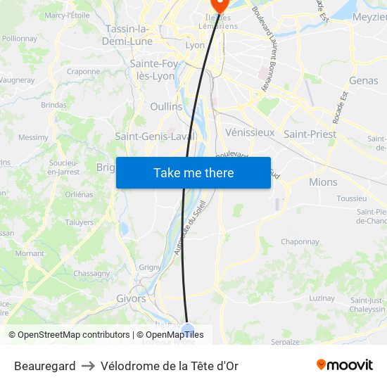 Beauregard to Vélodrome de la Tête d'Or map