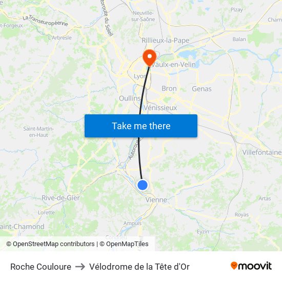 Roche Couloure to Vélodrome de la Tête d'Or map