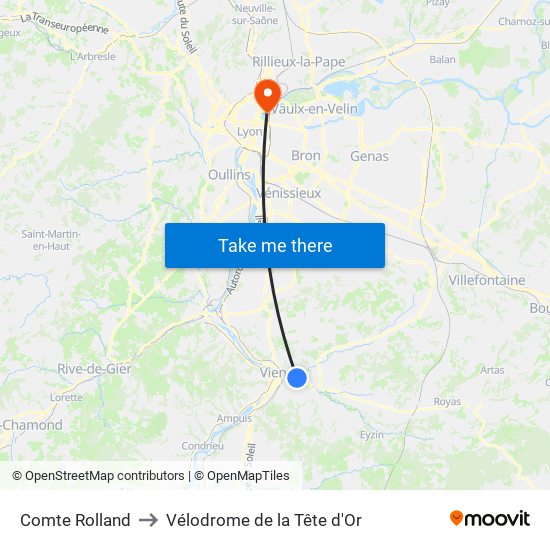 Comte Rolland to Vélodrome de la Tête d'Or map