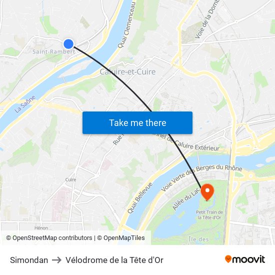 Simondan to Vélodrome de la Tête d'Or map