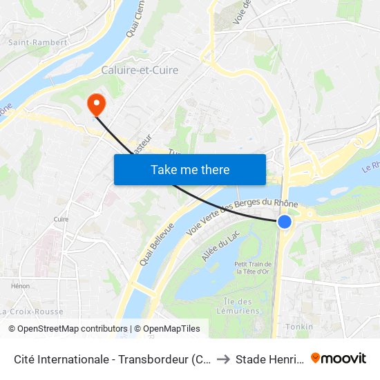 Cité Internationale - Transbordeur (Centre De Congrès) to Stade Henri Cochet map