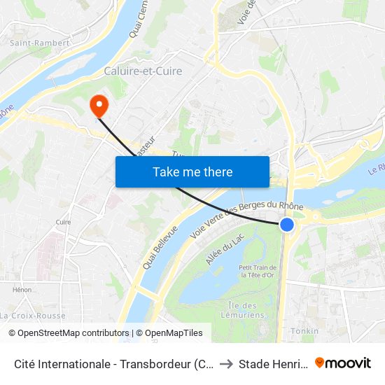 Cité Internationale - Transbordeur (Centre De Congrès) to Stade Henri Cochet map