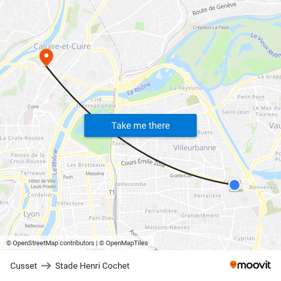 Cusset to Stade Henri Cochet map